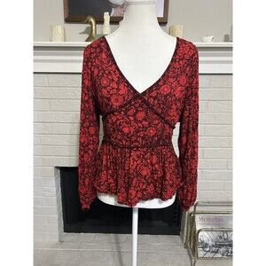 Knox Rose Balloon Sleeve Red Floral Blouse Womens M Metallic Stripe Babydoll